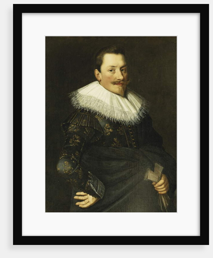 Portrait of a Gentleman, Standing half length, Wearing a Blue Costume with Gold Embroidery and a White Lace Collar by Paulus Moreelse