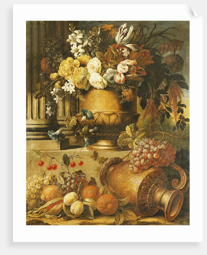 A Corncob and an Overturned Pitcher by an Obelisk and Two Fluted Columns in Landscapes by Gaspar Pieter II Verbruggen