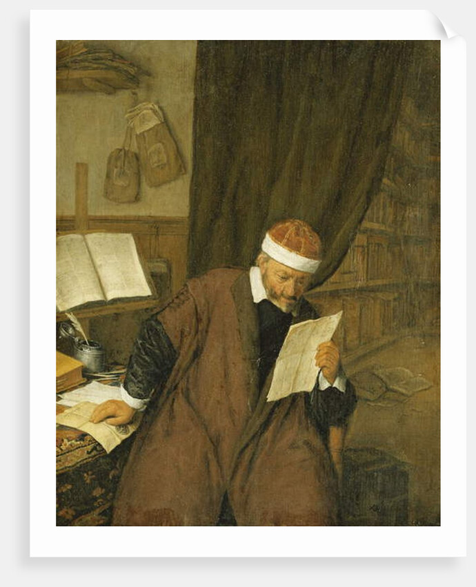 A Lawyer Seated at a Desk Reading a Letter, a Library Beyond, 1668 by Adriaen Jansz. van Ostade