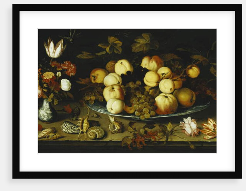 Fruit on a Dish, Flowers in a Wanli Kraak Porselein Vase, Sprigs of Cherries and Redcurrants, Seashells, a Rose, a Tulip, a Pink, a Lizard, a Snail and a Red Admiral on a Stone Ledge, Dragonflies Above by Balthasar van der Ast