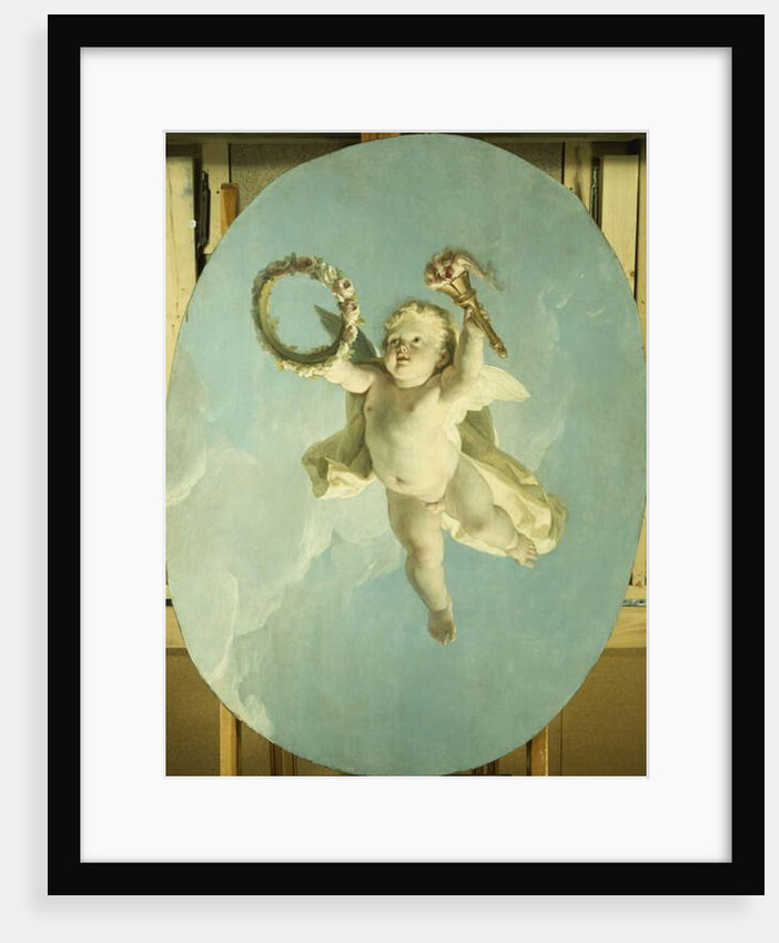 A Putti in Flight Holding a Wreath and a Torch by Francois Boucher