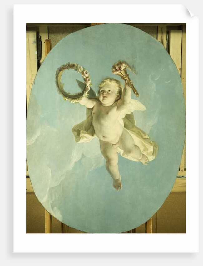 A Putti in Flight Holding a Wreath and a Torch by Francois Boucher