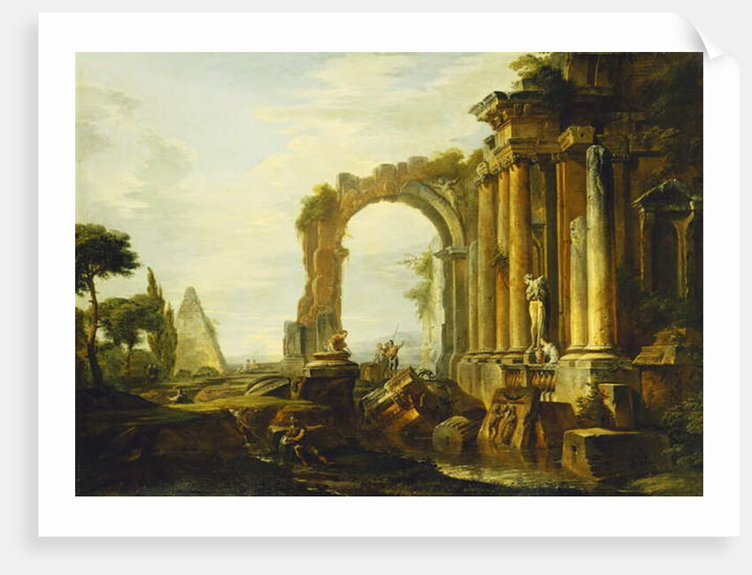 A Capriccio of Classical Ruins with the Pyramid of Cestius and Figures in a Landscape by Giovanni Paolo Pannini
