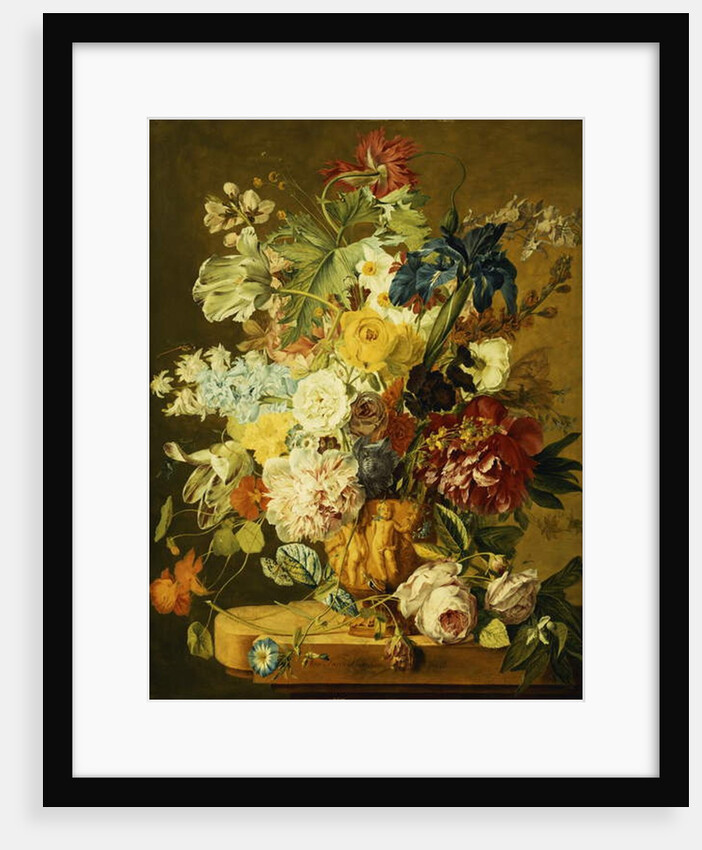 Roses, Peonies, Tulips, Morning Glory, an Iris, Columbine, a Poppy, Jonquils and Other Flowers in a Carved Urn on a Stone Ledge by Jan van Huysum