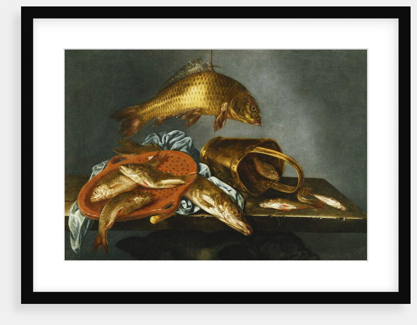 A Pike, Carp, Tench and Roach with a Sieve and a Brass Bucket on a Ledge, 1661 by Abraham Susenier