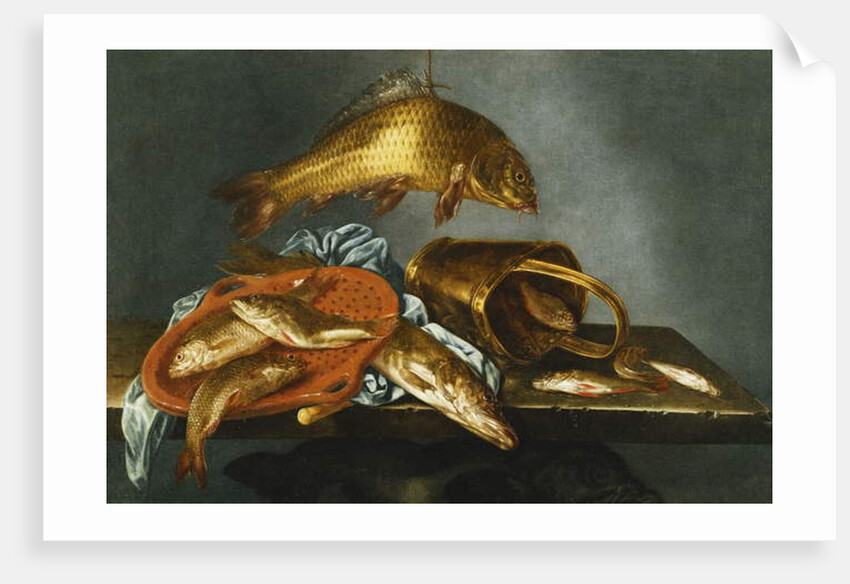 A Pike, Carp, Tench and Roach with a Sieve and a Brass Bucket on a Ledge, 1661 by Abraham Susenier