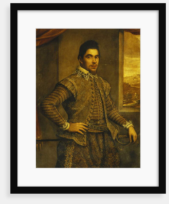 Portrait of a Gentleman, Standing Three-Quarter Length, Wearing an Elaborately Embroidered Costume, Before a Window, a Landscape Beyond by Domenico Robusti Tintoretto
