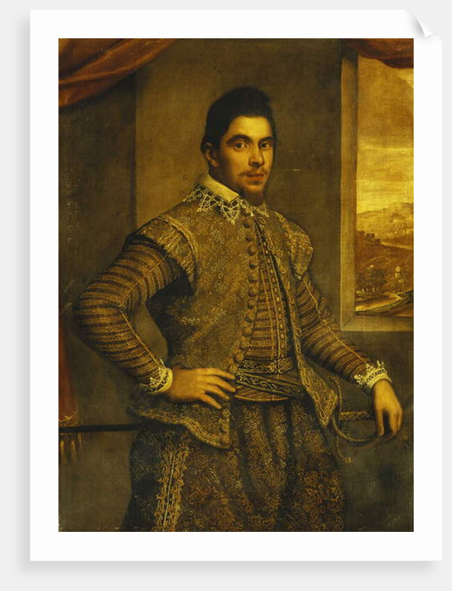 Portrait of a Gentleman, Standing Three-Quarter Length, Wearing an Elaborately Embroidered Costume, Before a Window, a Landscape Beyond by Domenico Robusti Tintoretto