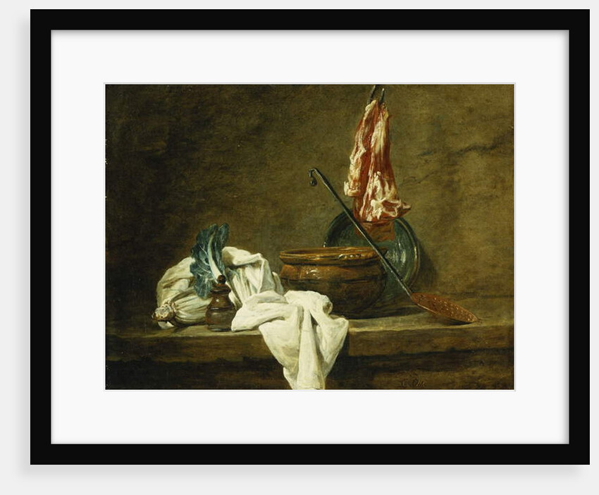 Beets, a Spice Box, a Dishcloth, a Pot, a Glazed Earthenware Plate, a Skimmer, with Meat on a Hook, on a Ledge, 1734 by Jean-Baptiste Simeon Chardin