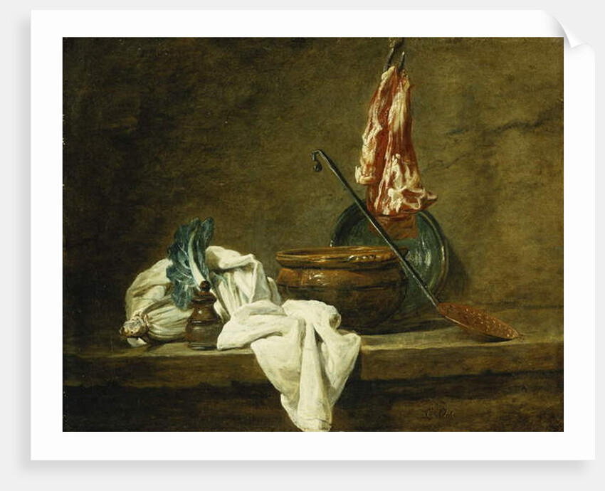 Beets, a Spice Box, a Dishcloth, a Pot, a Glazed Earthenware Plate, a Skimmer, with Meat on a Hook, on a Ledge, 1734 by Jean-Baptiste Simeon Chardin