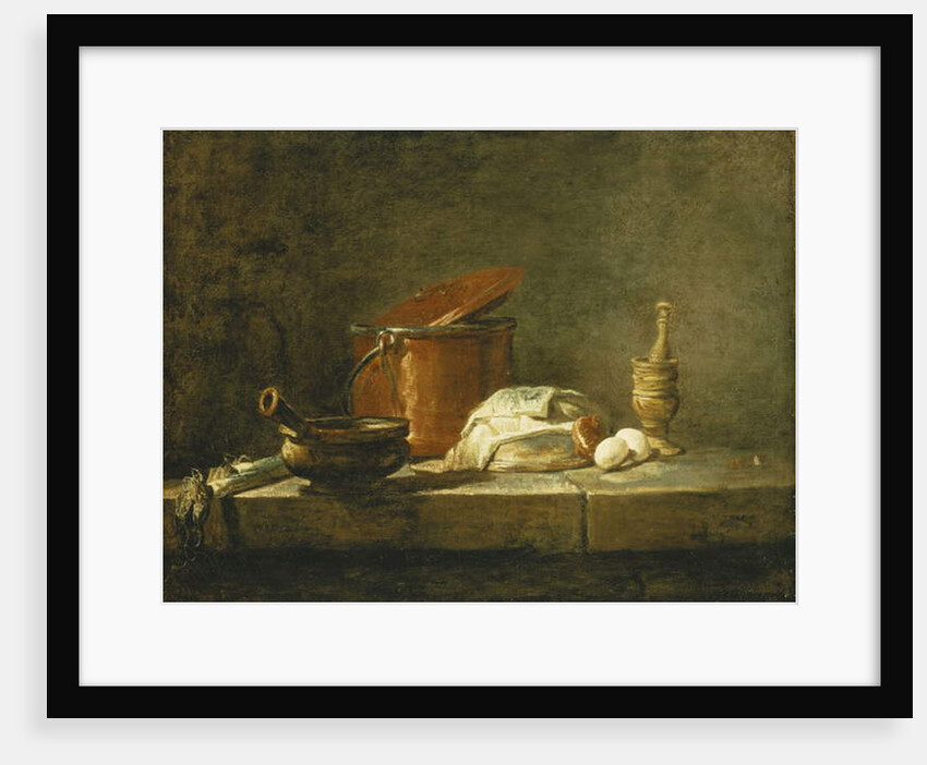 Leeks, a Casserole, a Copper Pot with a Cover, a Slice of Fish, an Onion and Two Eggs, with a Pestle and Mortar, on a Ledge, 1734 by Jean-Baptiste Simeon Chardin