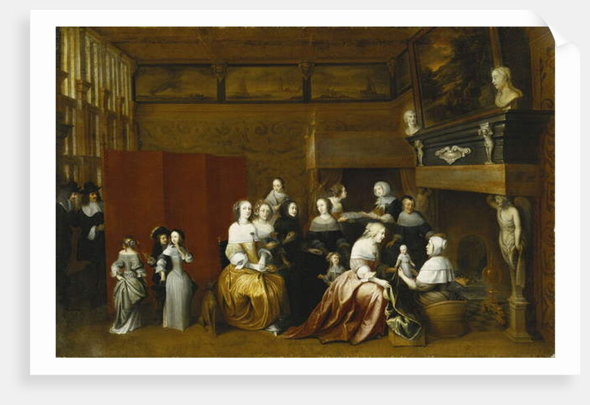 Ladies Celebrating the Birth of a Child, and Gentlemen Looking on from Behind a Screen, in an Interior, by Hieronymus Janssens