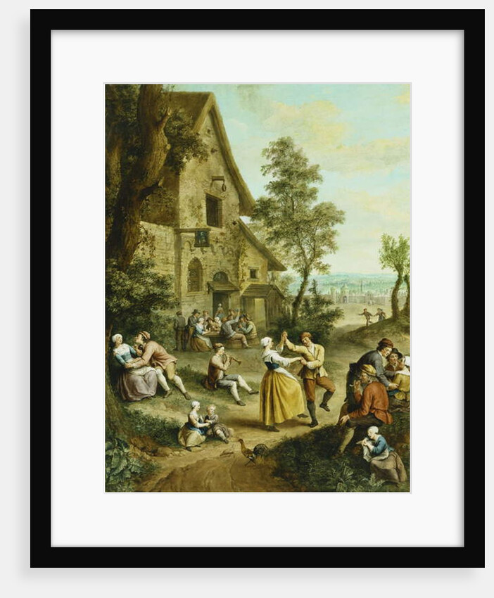 Peasants Dancing and Merry-Making Before a Tavern, a Walled Town Beyond, by Louis Joseph (1731-98) Watteau