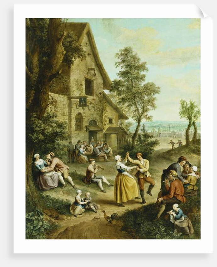 Peasants Dancing and Merry-Making Before a Tavern, a Walled Town Beyond, by Louis Joseph (1731-98) Watteau