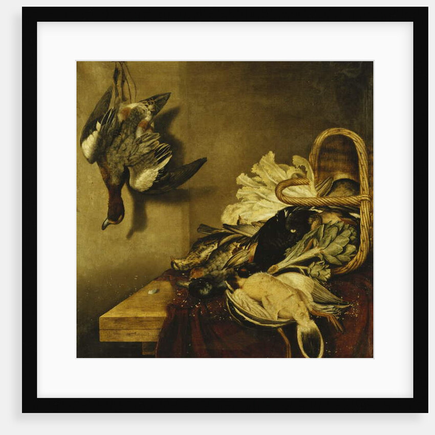 An Overturned Basket of Fowl, a Hare, an Artichoke and Lettuce on a Ledge Draped with a Red Cloth by Jacobus Biltius