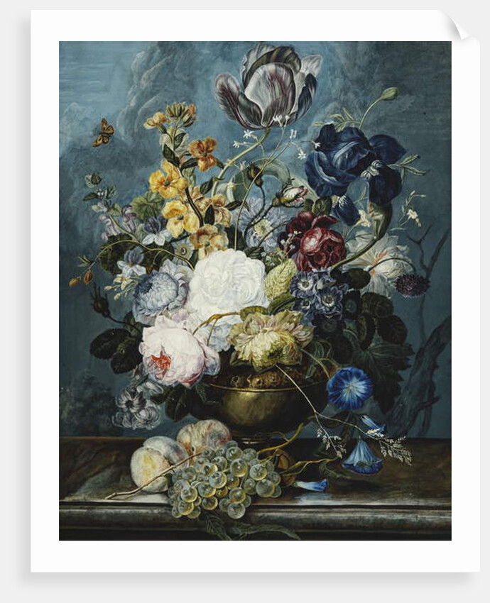 Roses, a Tulip, an Iris, Dahlias, Lamium, Forget-me-nots, Convolvulus, Auricula and Delphiniums in a Vase with Grapes and Peaches on a Stone Ledge by Ladislaus Tumal