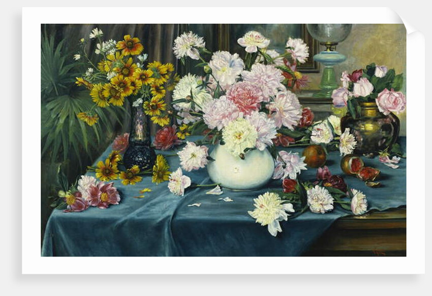 Peonies, Roses and other Flowers in Vases on a Table draped with a Blue Cloth, 1913 by Anna Knittel