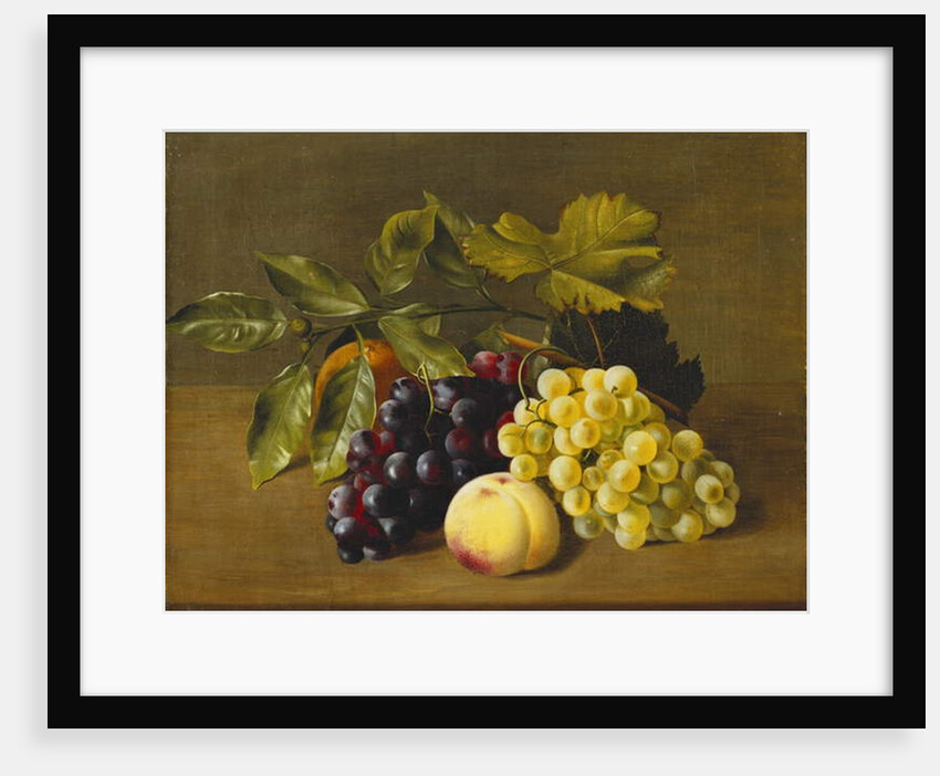 A Peach, an Orange and Grapes on a Wooden Ledge by William Hammer