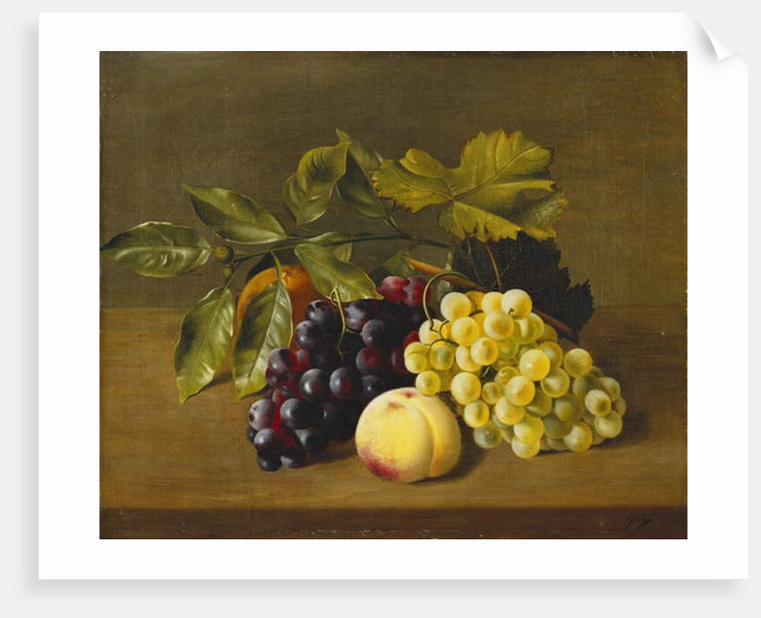A Peach, an Orange and Grapes on a Wooden Ledge by William Hammer