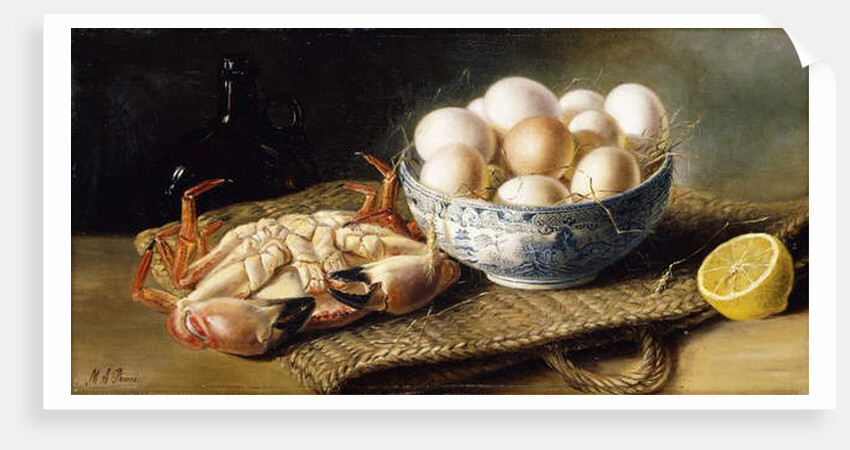 A Crab and a Bowl of Eggs on a Basket, with a Bottle and Half a Lemon by Mary E. Powis