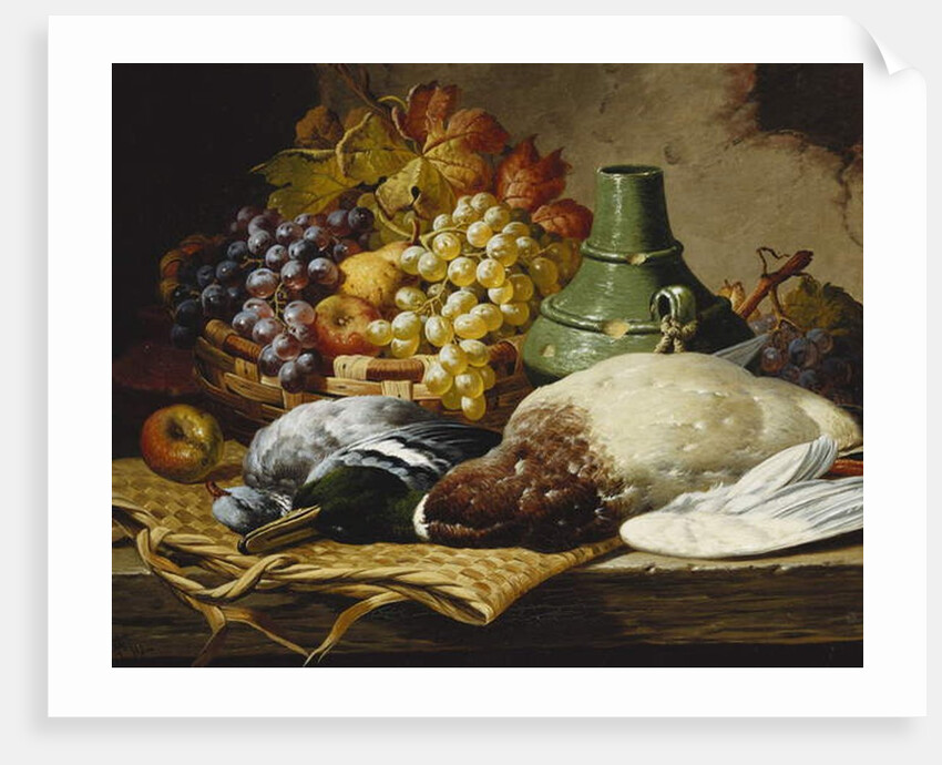 A Mallard and a Woodpigeon with a Basket of Apples and Grapes on a Wooden Ledge by Charles Thomas Bale