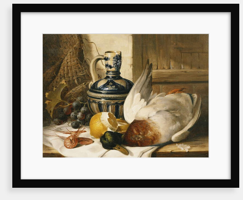 A Mallard, a Jug, a Peeled Lemon, Grapes and Shrimps on Draped Ledge by Edward Ladell