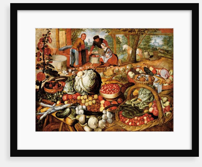 A greengrocer's stall with the Flight Into Egypt beyond by Joachim Beuckelaer or Bueckelaer