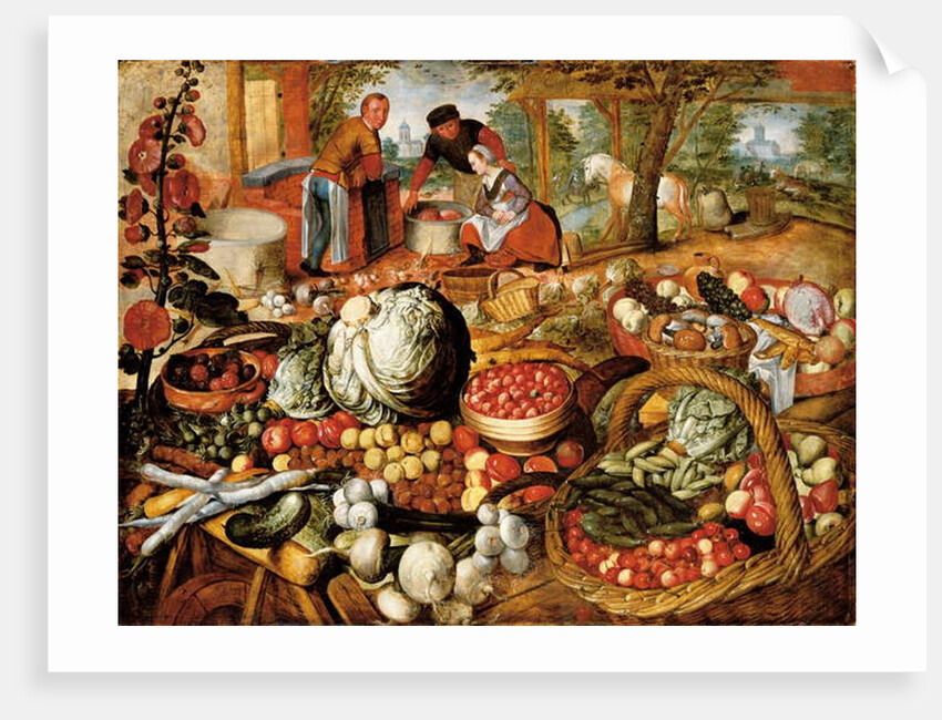 A greengrocer's stall with the Flight Into Egypt beyond by Joachim Beuckelaer or Bueckelaer
