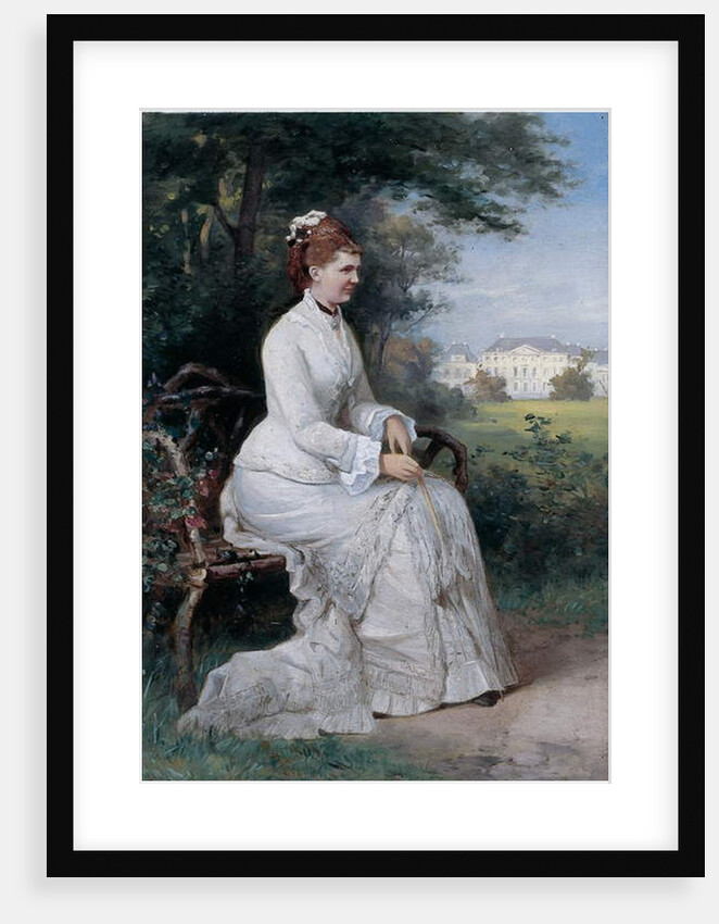 Portrait of Princess Emma von Waldeck-Pyrmont seated on a bench in the park of the Palace Het Loo by Piet Schipperus