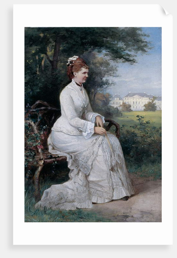 Portrait of Princess Emma von Waldeck-Pyrmont seated on a bench in the park of the Palace Het Loo by Piet Schipperus