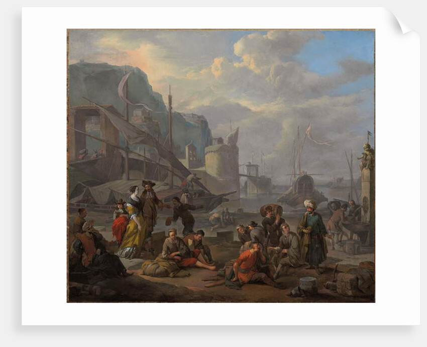 A Mediterranean port with an elegant couple and travellers resting by the quay by Johannes Lingelbach
