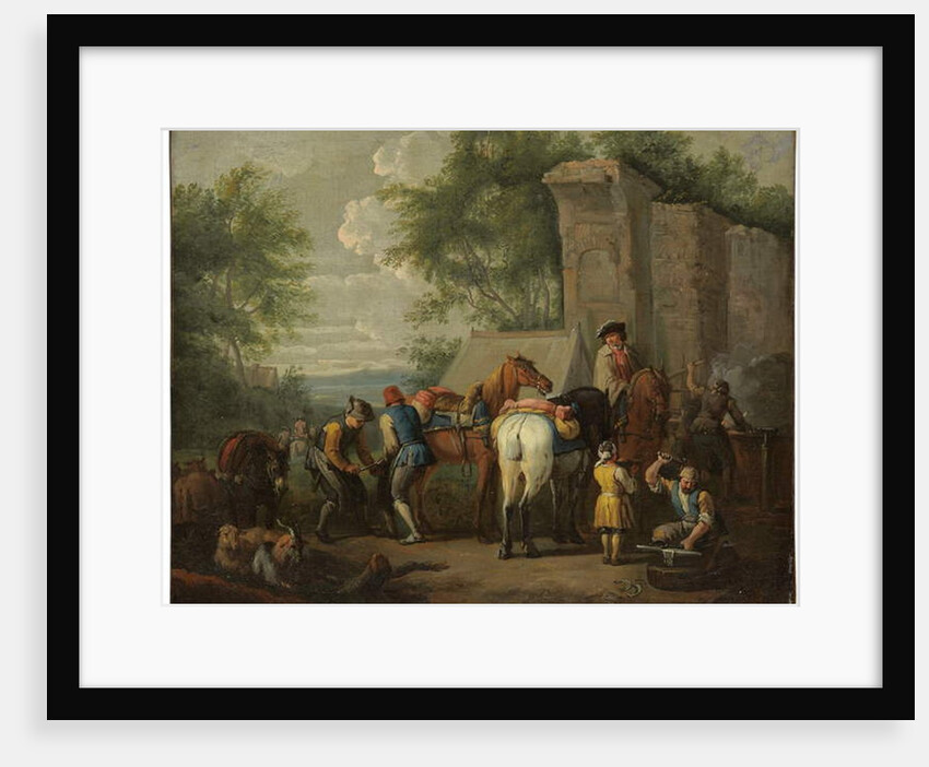 A military blacksmith shoeing horses by a ruin by Pieter van Bloemen