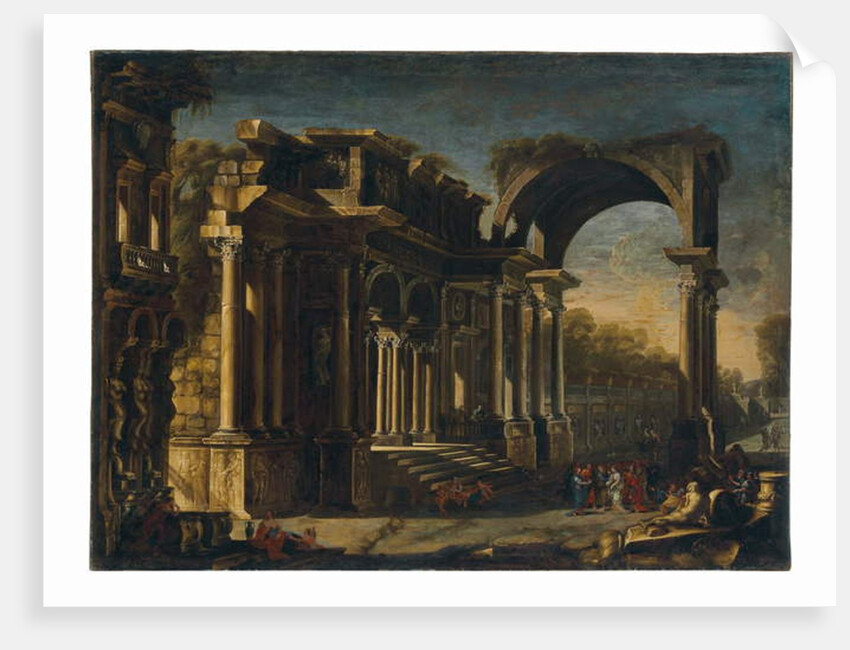 Capriccio with Roman ruins and Christ with the Woman Taken in Adultery by Francesco Maglioli