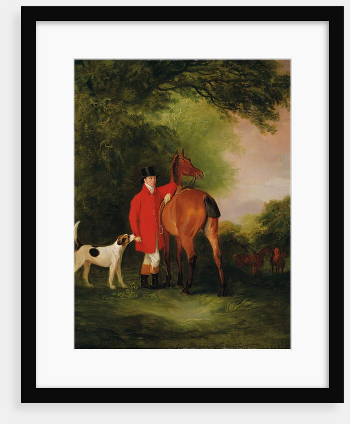 Portrait of Lord Lismore in a hunting coat with his bay hunter and a hound, in a landscape, a hunting party beyond by John E. Ferneley