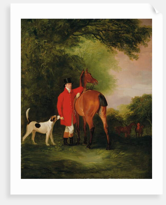 Portrait of Lord Lismore in a hunting coat with his bay hunter and a hound, in a landscape, a hunting party beyond by John E. Ferneley