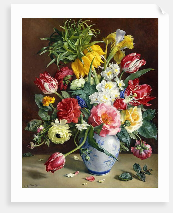 Tulips, Roses, Narcissi and other Flowers in a Blue and White Vase by R. Klausner
