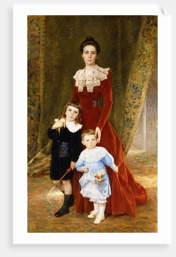 Portrait of a Lady, standing full length, with her Children by Timoleon Marie Lobrichon