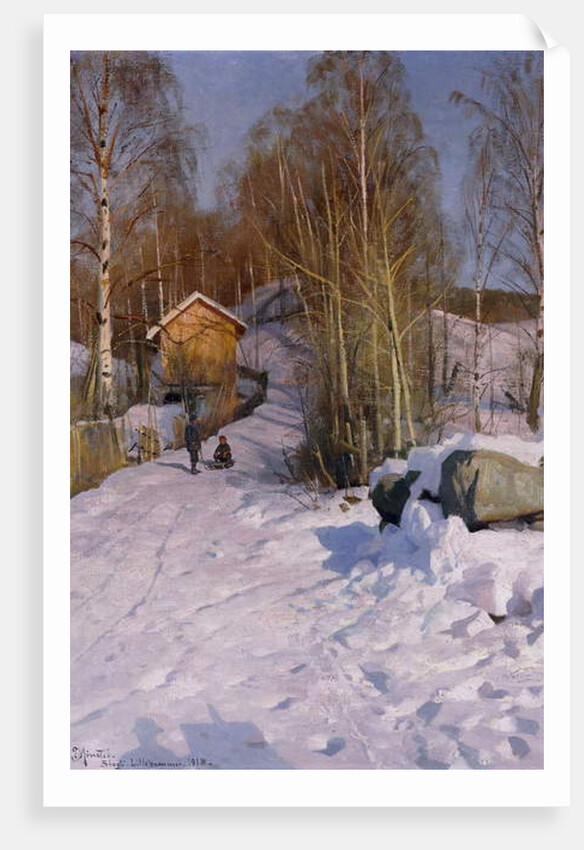 A Winter Landscape with Children Sledging, 1918 by Peder Monsted