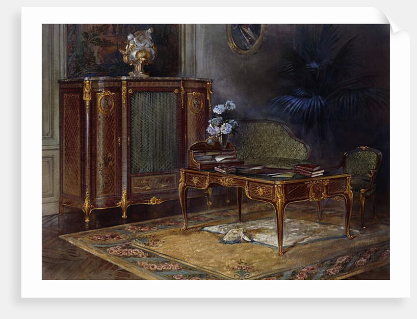 An Interior with a Louis XV Style Ormulu-mounted and Parquetry Bureau Plat and Bibliotheque43.4cm., by French School