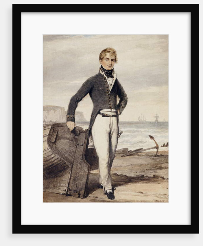 Portrait of Edward Pocock R.N., small full length, Standing Beside a Beached Rowing Boat at Low Tide by Henry Edridge