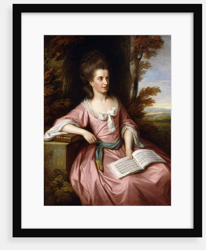 Portrait of Martha Ray, seated three-quarter-length, in a Pink Dress with a Blue Sash, holding a Musical Score, in a Landscape, 1777 by Nathaniel Dance