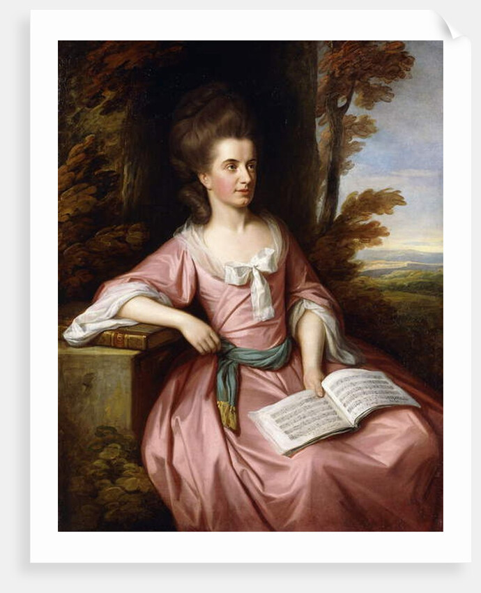 Portrait of Martha Ray, seated three-quarter-length, in a Pink Dress with a Blue Sash, holding a Musical Score, in a Landscape, 1777 by Nathaniel Dance