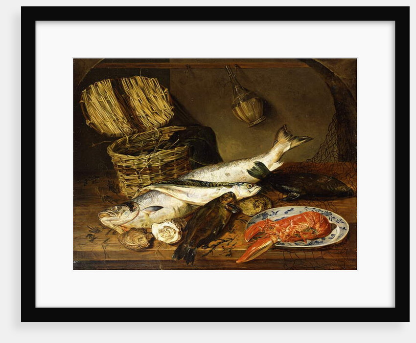 A Salmon, a Mackerel, a Lobster on a Plate, a Wicker Basket, Oysters, a Chianti Bottle and a Fisherman's Net on a Wooden Table, 1854 by Emily Stannard