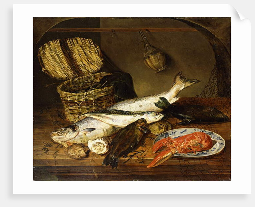 A Salmon, a Mackerel, a Lobster on a Plate, a Wicker Basket, Oysters, a Chianti Bottle and a Fisherman's Net on a Wooden Table, 1854 by Emily Stannard
