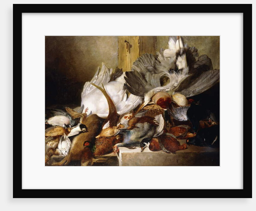 A Still Life of Dead Birds; A Heron Hanging from a Wall, Duck, Pheasant, Partridge, Woodcock, a Swan and a Pigeon with a Hare, 1845 by W. Oakes