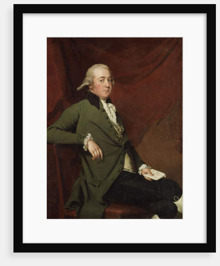Portrait of Edward Abney, seated three-quarter-length, in a Green Coat, Holding a Letter against a Red Curtain, Late 1780s by Joseph Wright of Derby