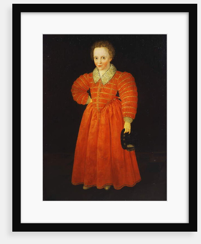 Portrait of a Little Boy, standing full length wearing a Red Dress within a White Lace Collar, holding a Black Hat by Robert the Elder Peake
