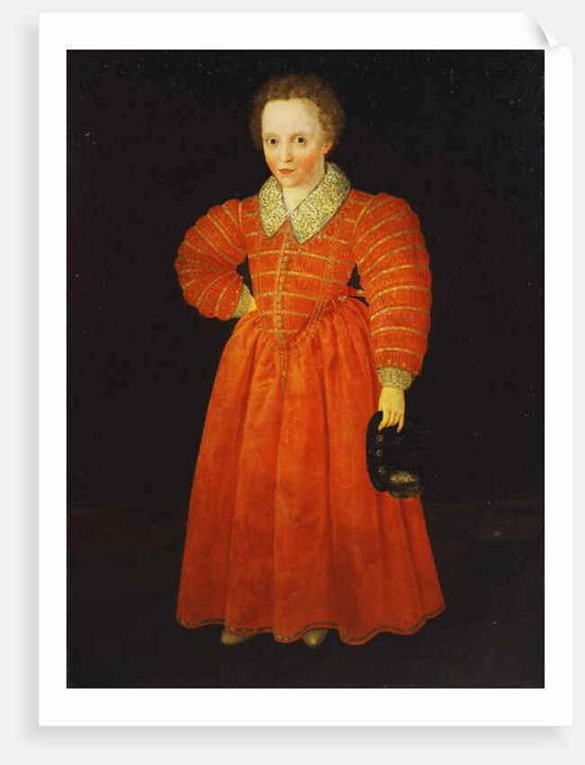 Portrait of a Little Boy, standing full length wearing a Red Dress within a White Lace Collar, holding a Black Hat by Robert the Elder Peake