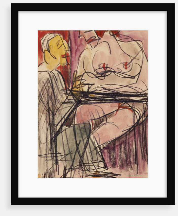 Female Nude and Man sitting at a Table; Weiblicher Akt und Mann an einem Tisch sitzend by Ernst Ludwig Kirchner