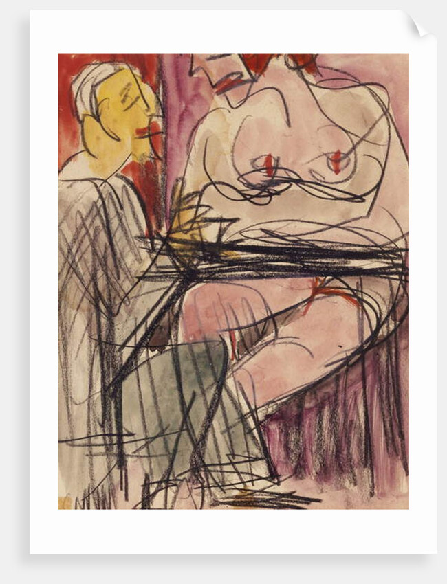 Female Nude and Man sitting at a Table; Weiblicher Akt und Mann an einem Tisch sitzend by Ernst Ludwig Kirchner
